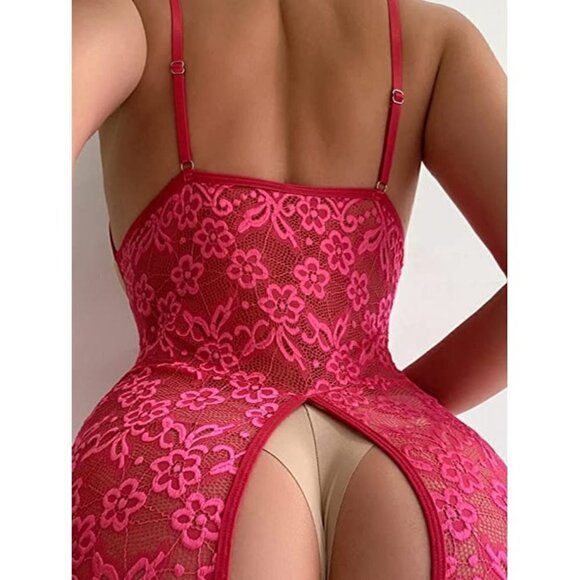 Front Bow Cover Pink Teddy Lingerie One Piece Floral Lace Bodysuit Babydoll NWT - Picture 3 of 7